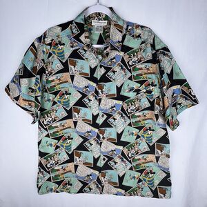 VTG Disney Store Mickey Mouse Comic Print 100% Silk Button Up Shirt Sz L Unisex